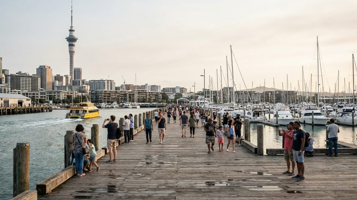 Early summer afternoon view of Auckland's Viaduct Harbour with locals and yachts.