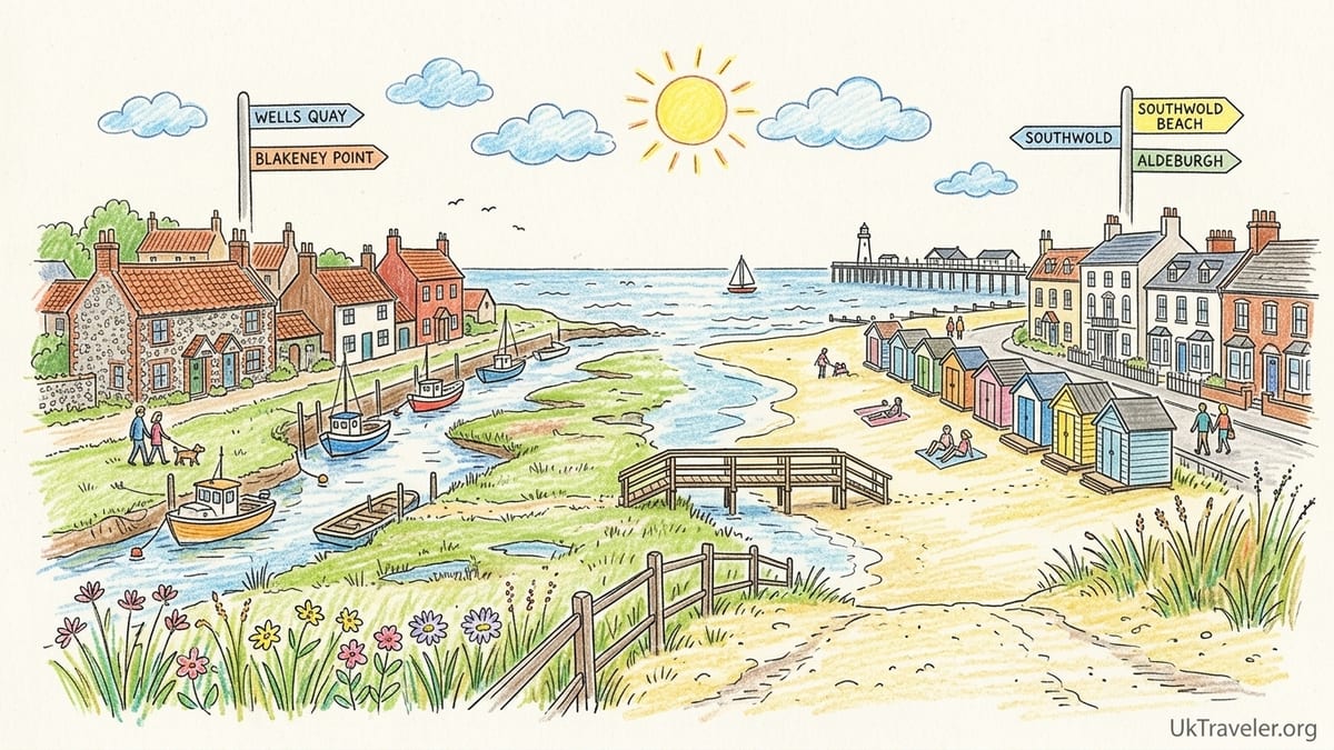 Early evening view over sandy East England beach with pastel beach huts and gentle waves.