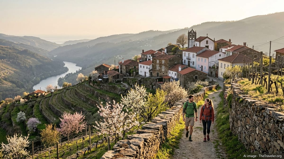 Young travelers walk through a stone village and vineyards in rural Portugal at golden hour.