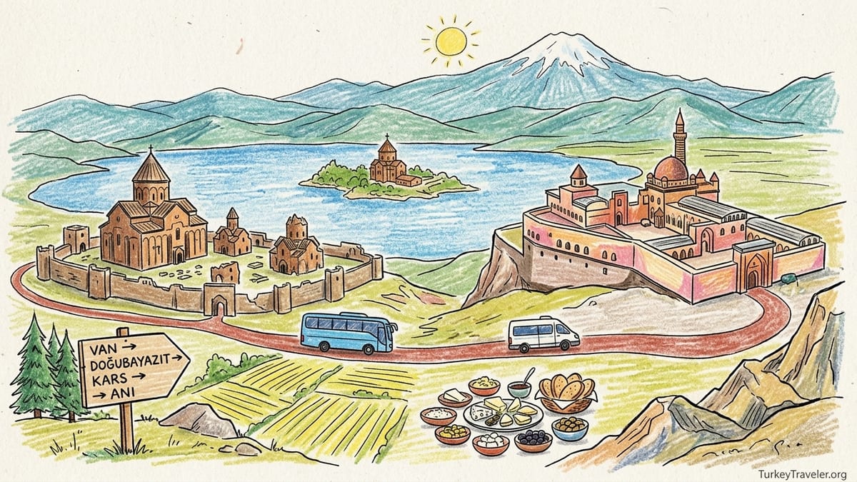 Travelers walk among the medieval ruins of Ani on a sunny autumn day in Eastern Anatolia.