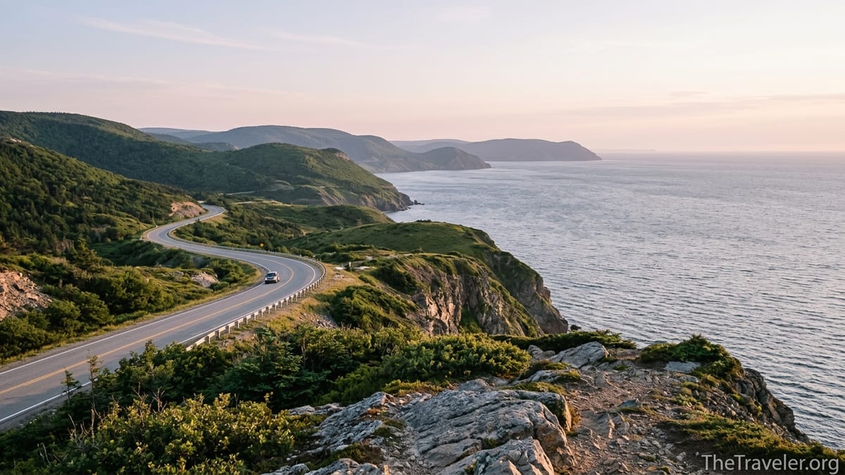 Cabot Trail coastal highway winding along green cliffs above the Gulf of St. Lawrence at sunset.