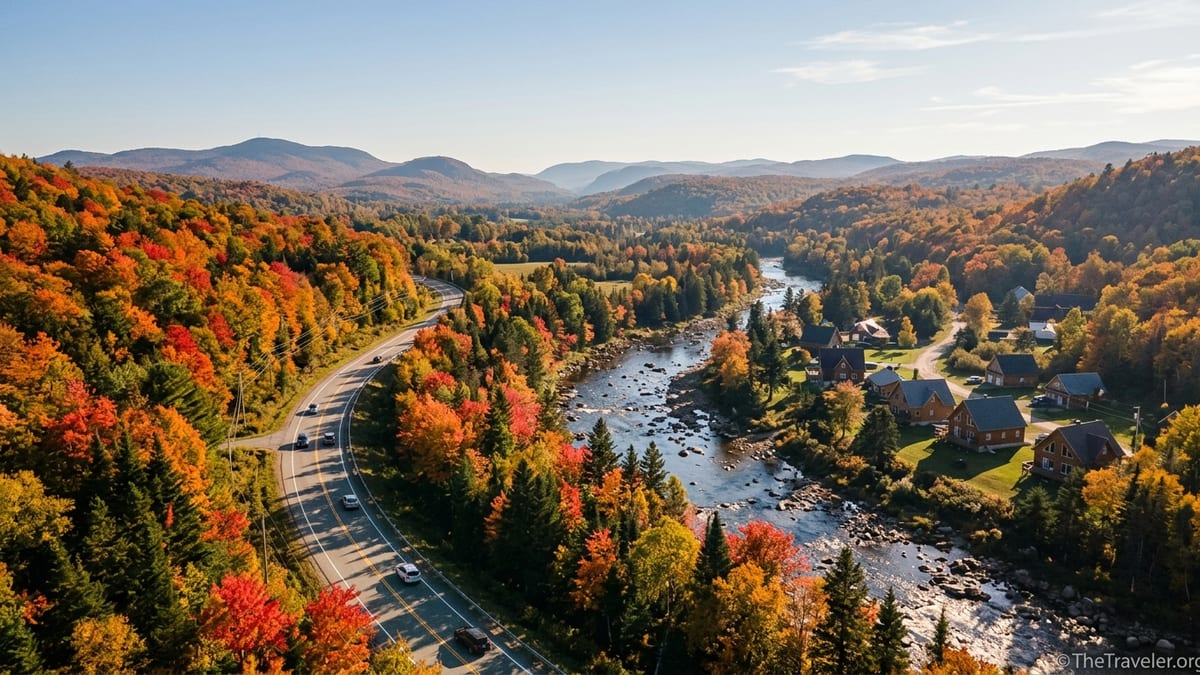 A winding highway through vivid red and orange autumn forest in Eastern Canada seen from above.