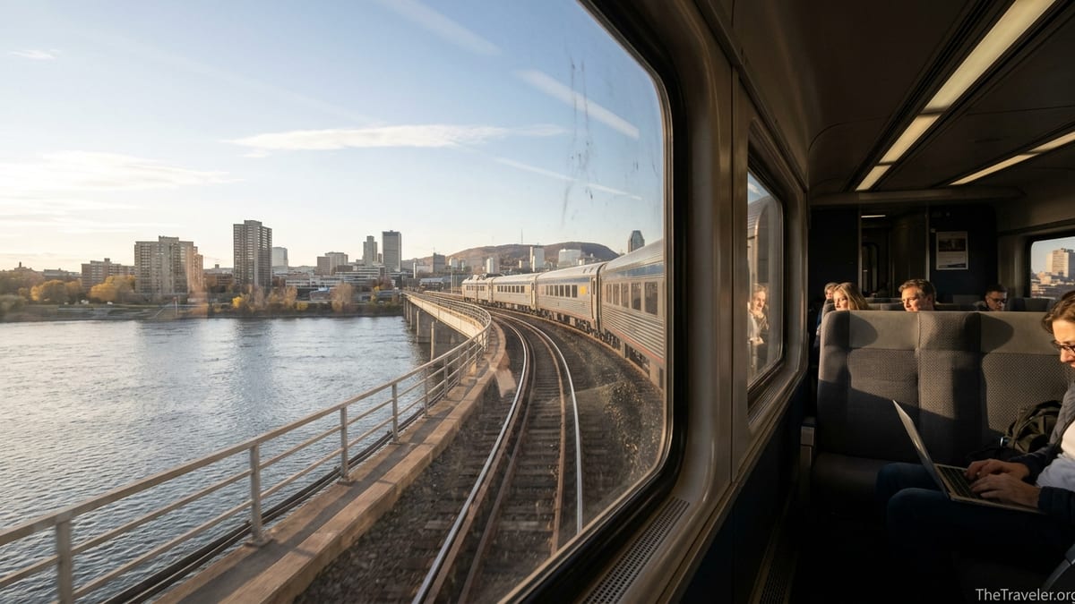 VIA Rail train approaching a Canadian city along a river on a clear afternoon