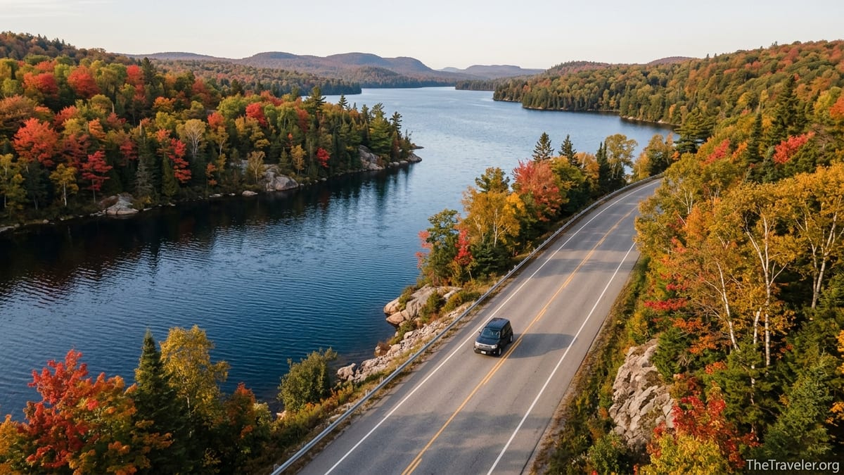 A curving lakeside highway in Eastern Canada surrounded by peak autumn forest colors.