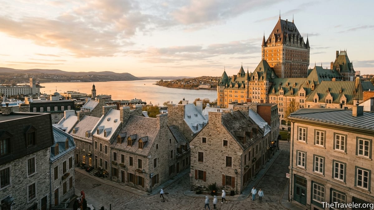 Quebec City Old Town and Chateau Frontenac overlooking the St. Lawrence River at sunset.