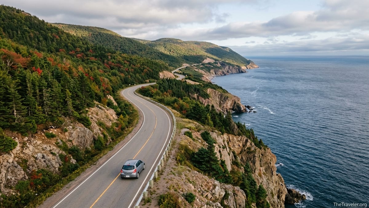 A car drives along Nova Scotia’s Cabot Trail above steep cliffs and blue ocean.