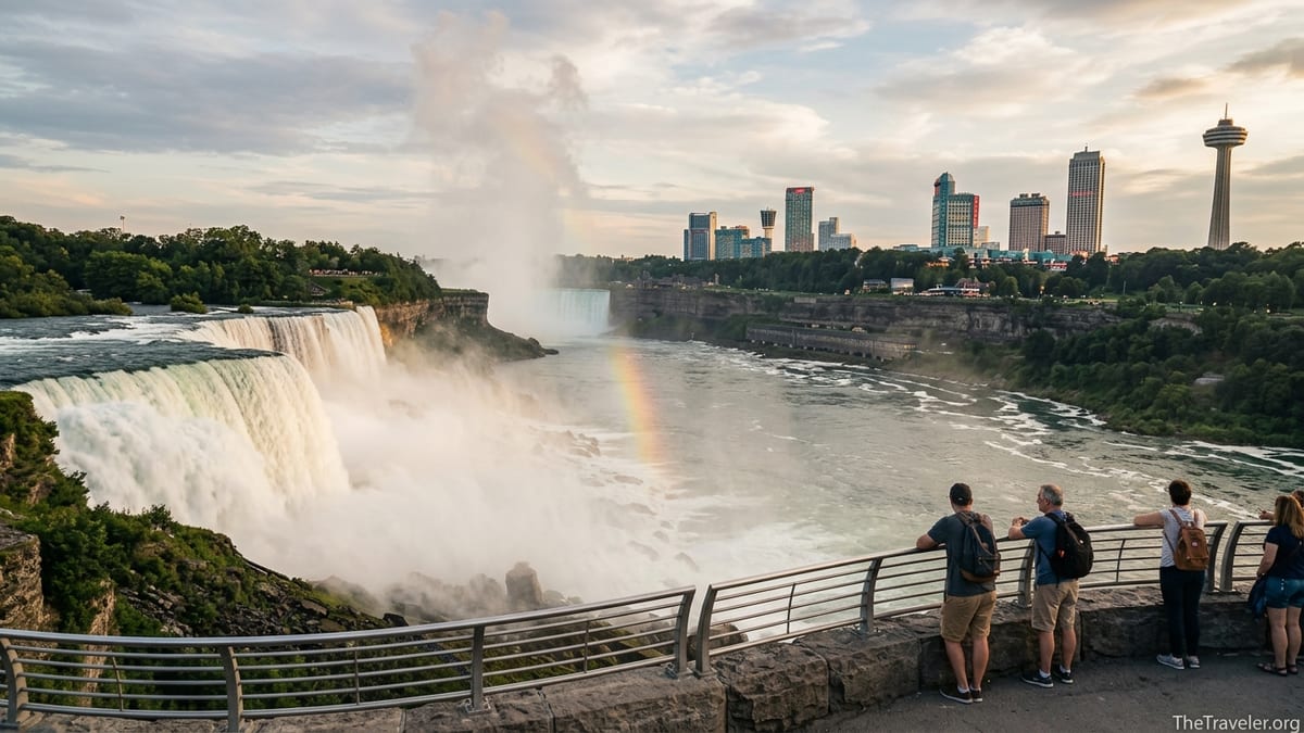 View of Niagara Falls at golden hour with visitors at railing and Ontario skyline.