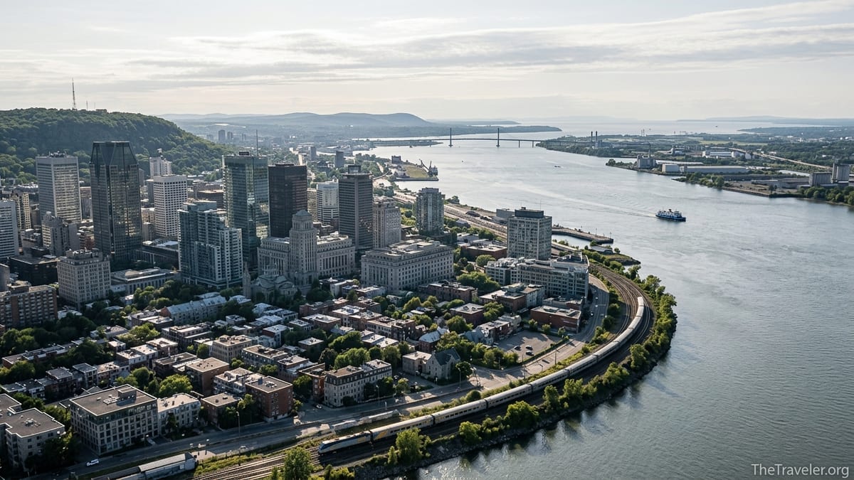 Aerial summer view of downtown Montreal with the St. Lawrence River and a train along the waterfront.