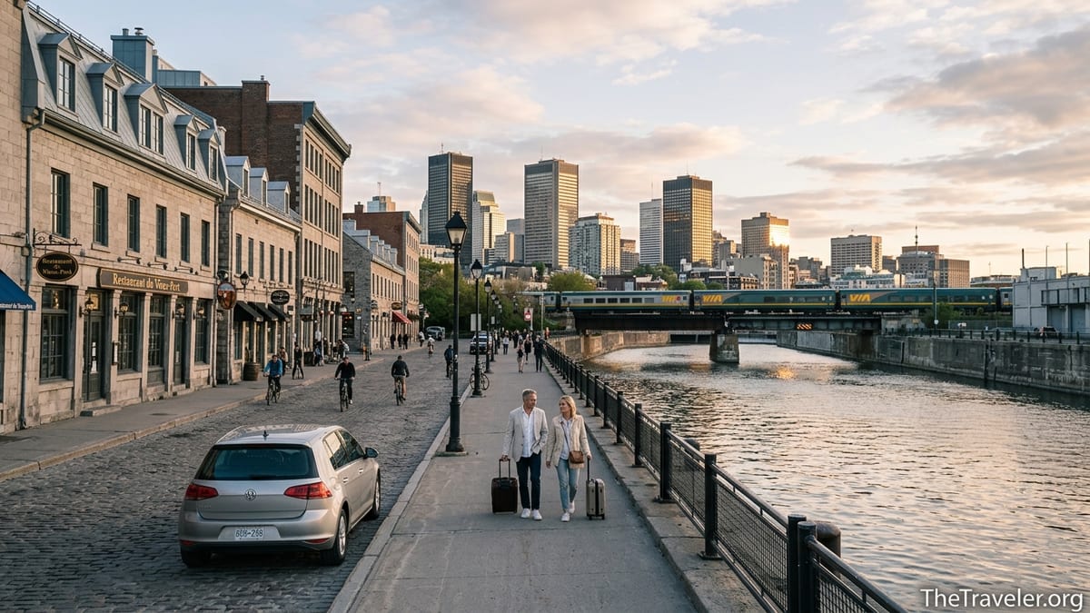Montreal Old Port waterfront at golden hour with skyline, VIA Rail train and rental car in view.