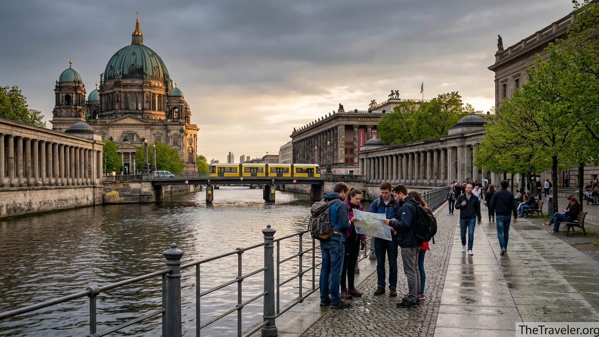 Travelers beside the Spree River on Berlin’s Museum Island at dusk with tram and cathedral.