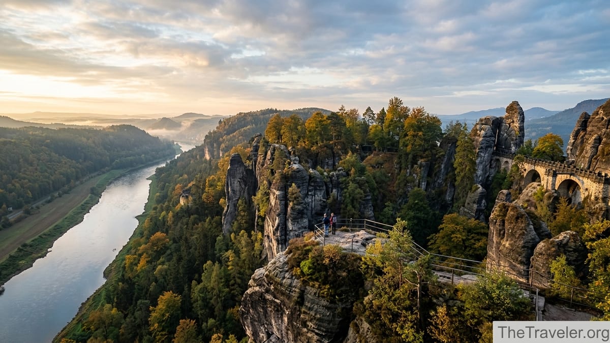 Sunrise over sandstone cliffs and the Bastei Bridge in Saxon Switzerland, eastern Germany.
