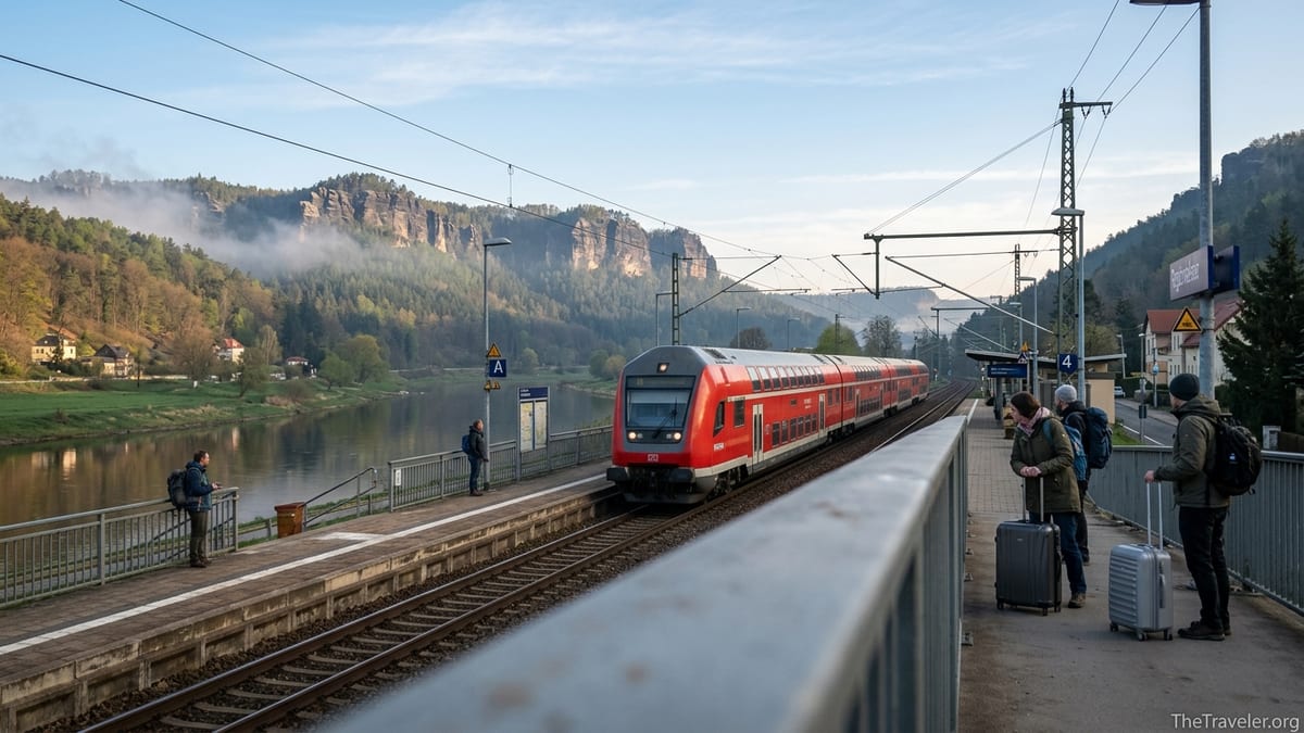 Regional train arriving at a riverside station near Saxon Switzerland cliffs at sunrise.