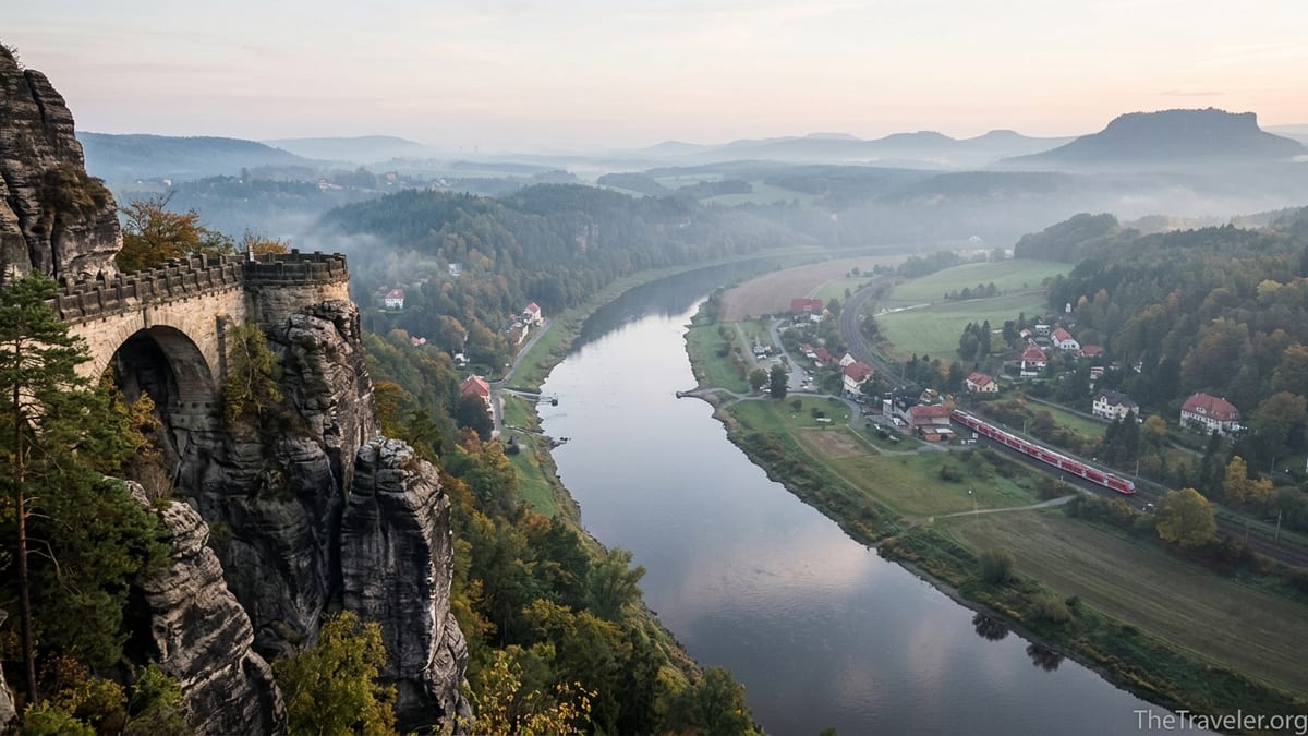 View from Bastei cliffs over the Elbe River and train line in Saxon Switzerland at sunrise.