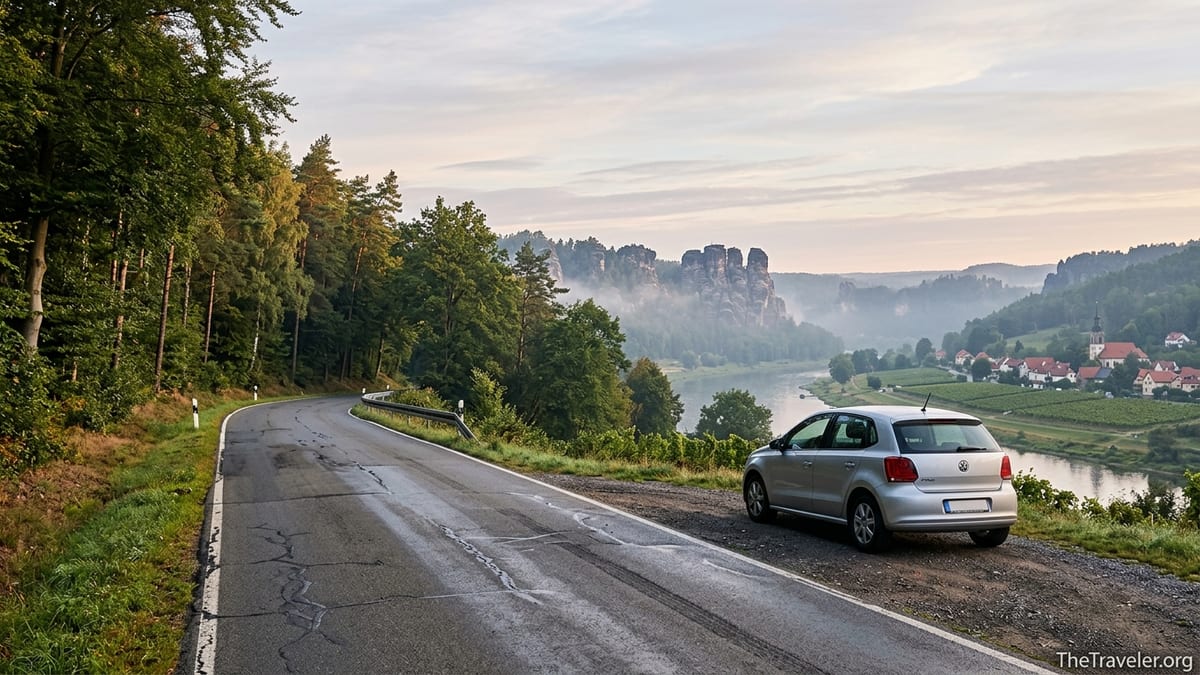 Curving country road above the Elbe River with a parked car and Saxon Switzerland cliffs at sunrise.