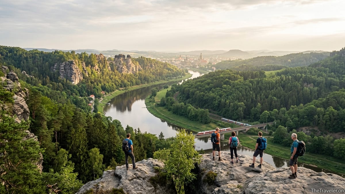 View over Saxon Switzerland sandstone cliffs and Elbe valley with hikers and distant Dresden skyline.