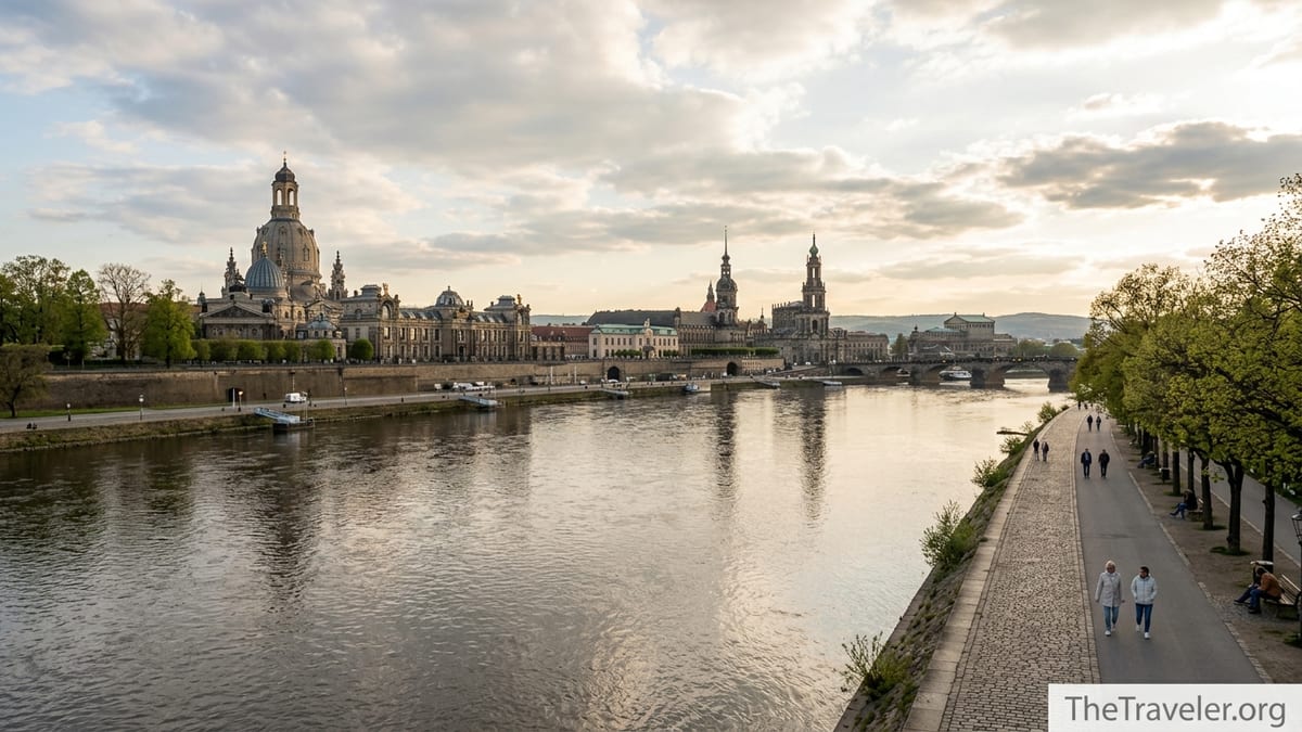 Dresden’s historic skyline along the Elbe River at golden hour in eastern Germany.