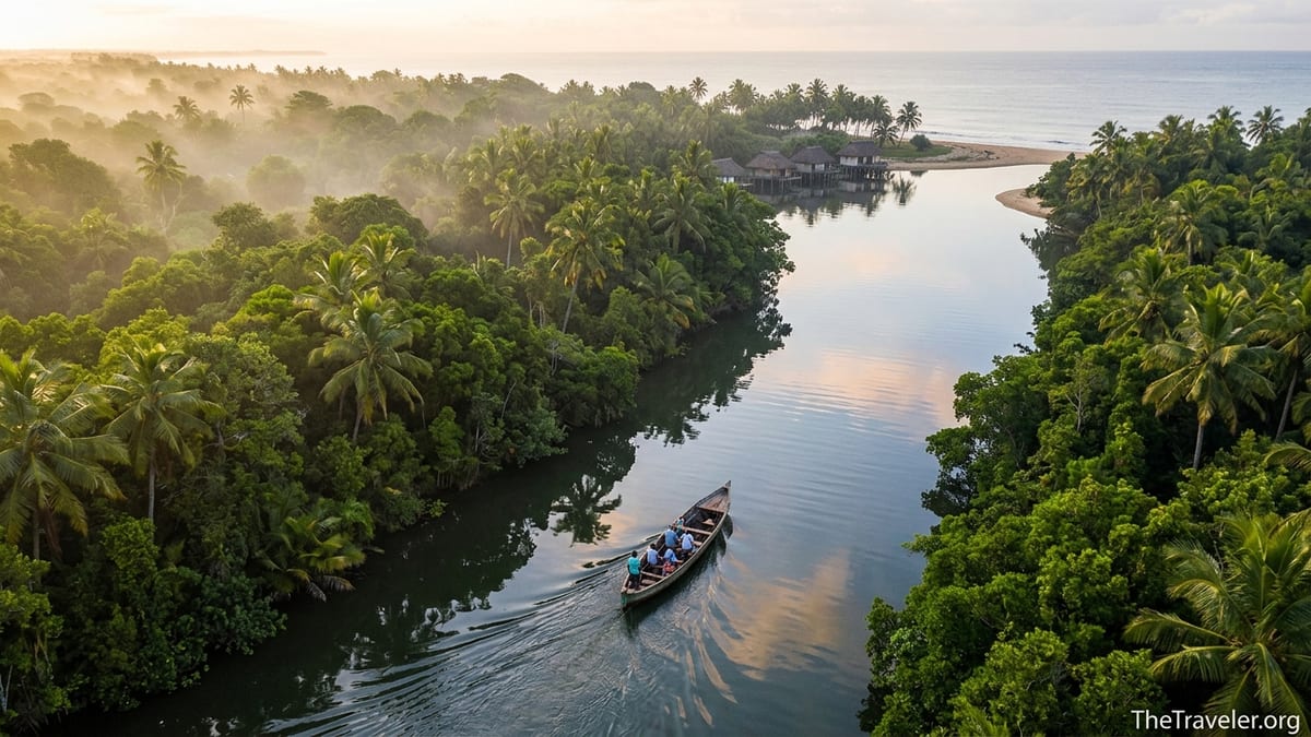 A small boat travels along Madagascar’s Pangalanes Canal beside lush rainforest at sunrise.