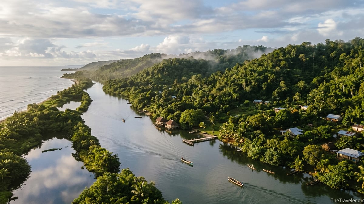 Aerial view of eastern Madagascar rainforest, Pangalanes Canal and coast after rain