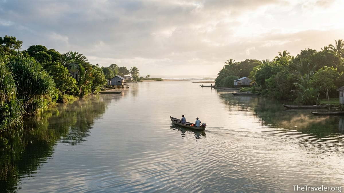 Dawn light over Madagascar’s Pangalanes Canal with a small boat passing rainforest-lined banks.