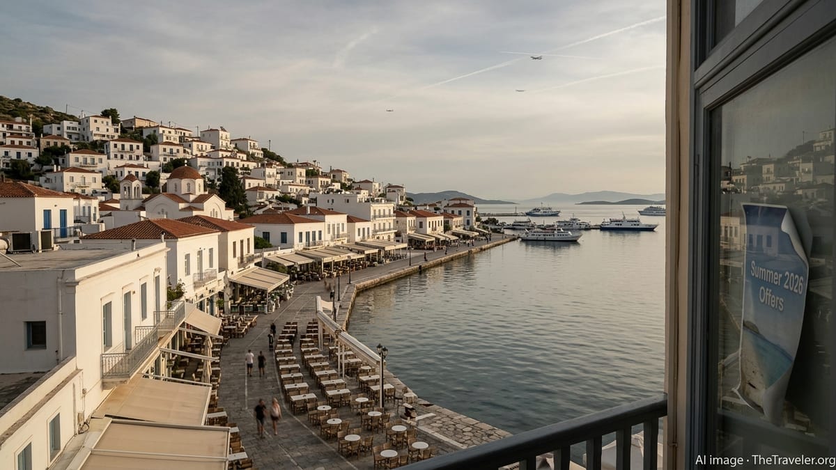 Quiet Eastern Mediterranean harbor resort at dusk with sparse tourists and hazy distant coastline.