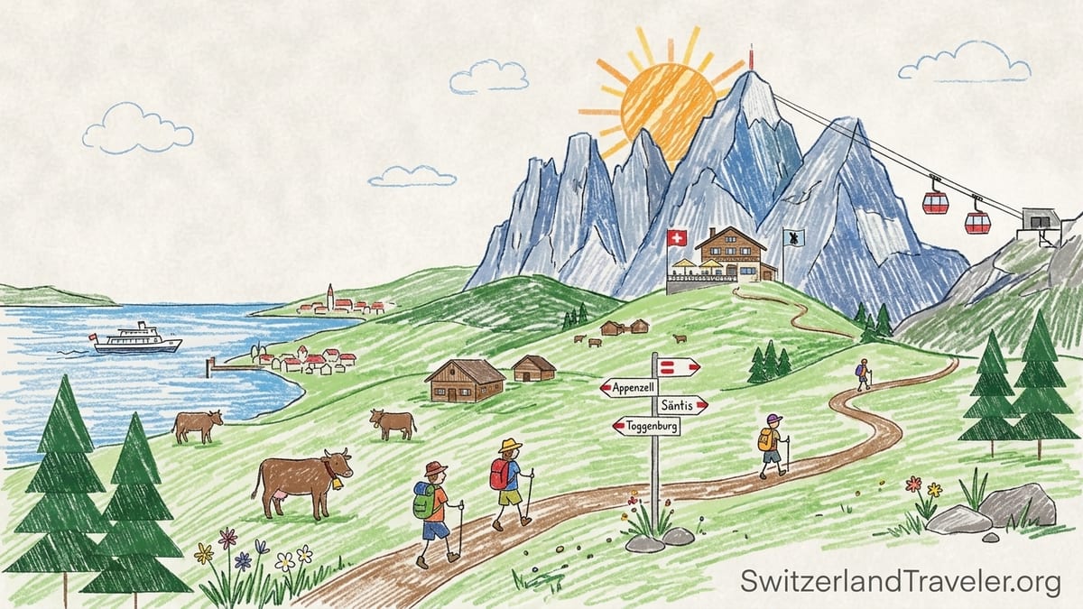 Panoramic summer view of hikers on a trail above Appenzell with Alpstein peaks in the background.