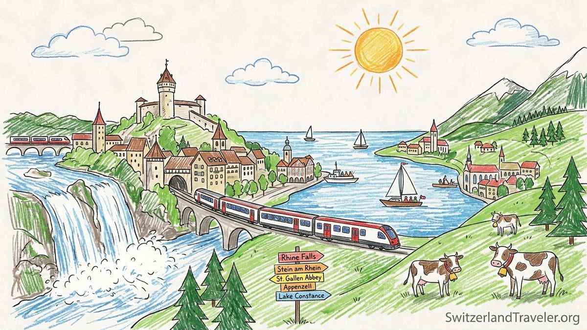 Sunrise over the Rhine River near Schaffhausen with road and train line toward the Rhine Falls
