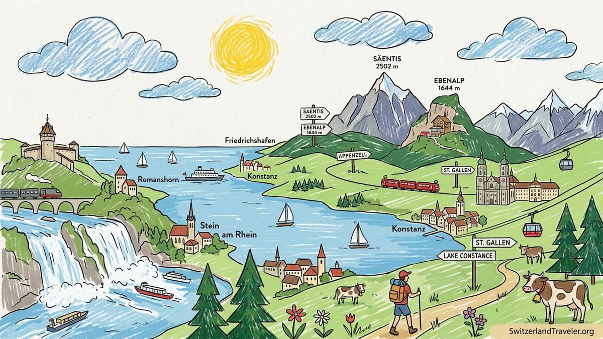 Panoramic view from Appenzell meadows toward Lake Constance with farms and rolling hills in Eastern Switzerland.