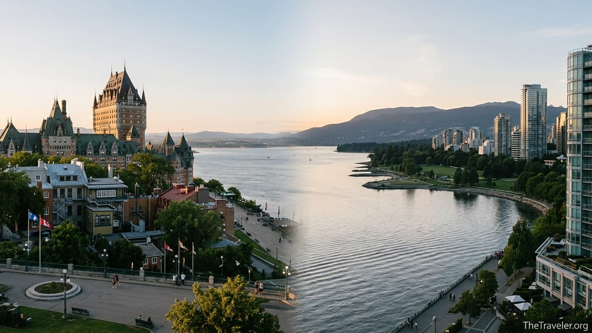 Split-view style image comparing historic Quebec City with modern Vancouver skyline at golden hour.