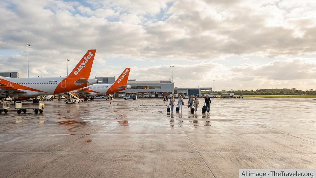 easyJet aircraft at Birmingham Airport on a damp runway, preparing for departures to Rome