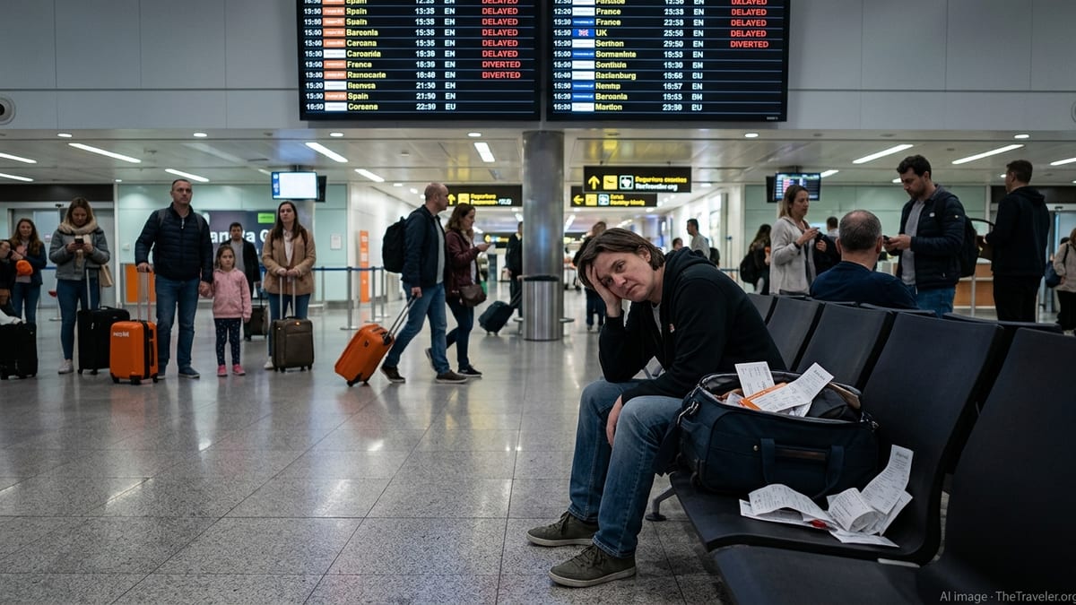 Tired passenger with luggage and receipts waits under delayed and diverted flight boards in a busy European airport.