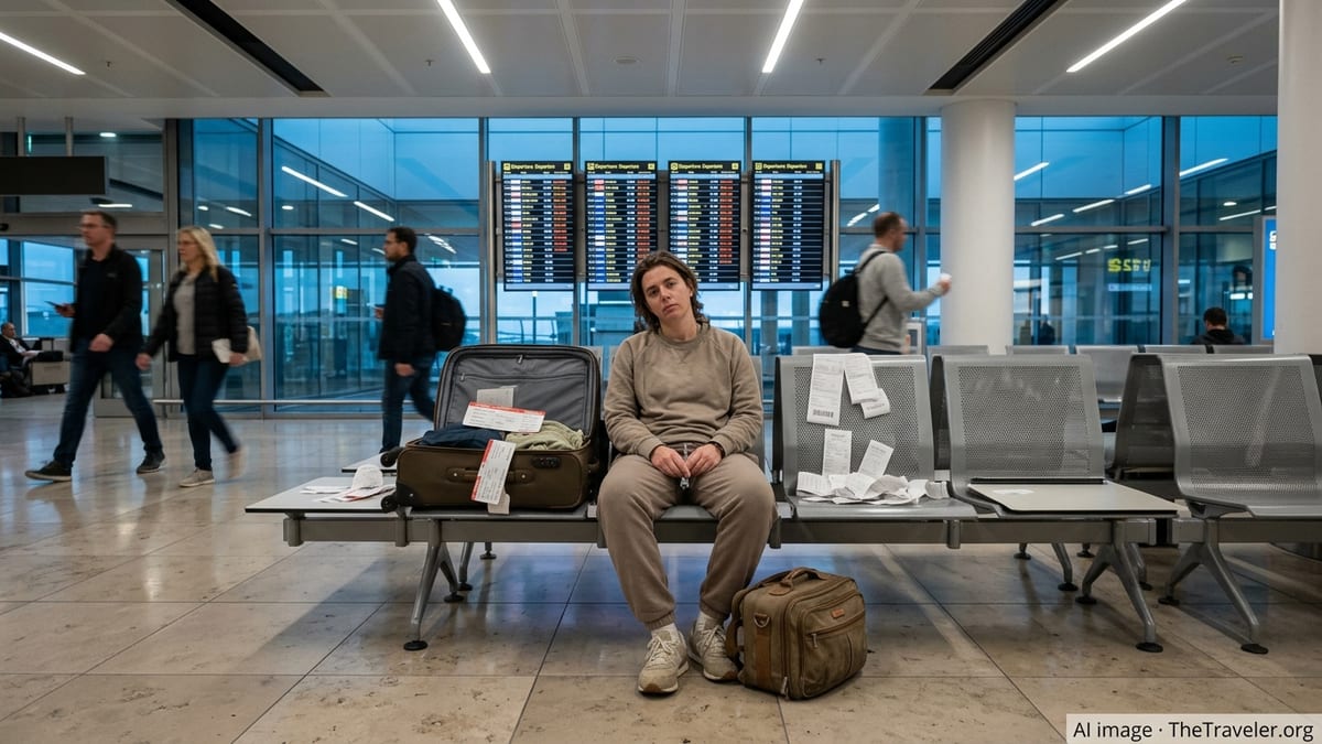 Stranded passenger sits among luggage in a busy European airport as departure boards show delays and diversions.