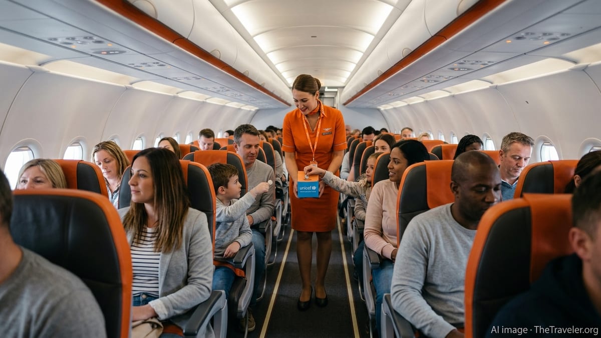 easyJet cabin crew collecting UNICEF donations from passengers during an Easter flight.