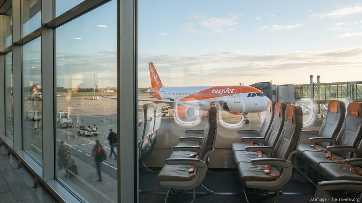 easyJet Airbus neo aircraft at a gate with slimline cabin seats visible through the terminal windows.