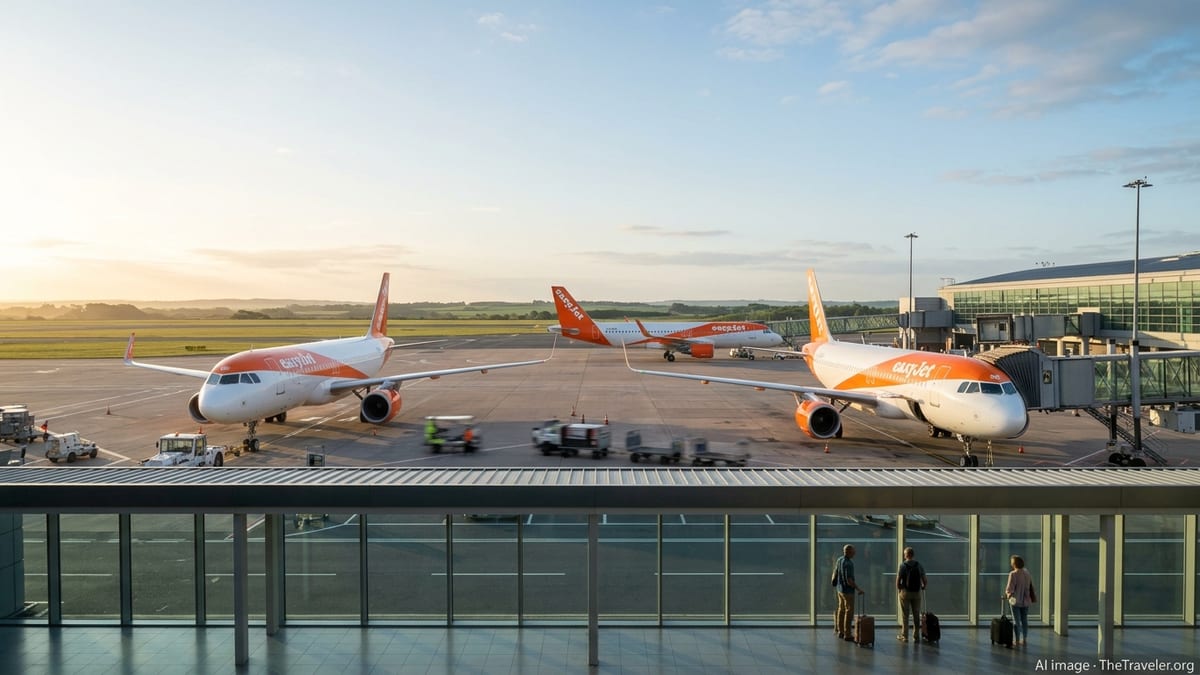 EasyJet aircraft on the apron at Newcastle Airport at sunrise, with passengers watching from the terminal.