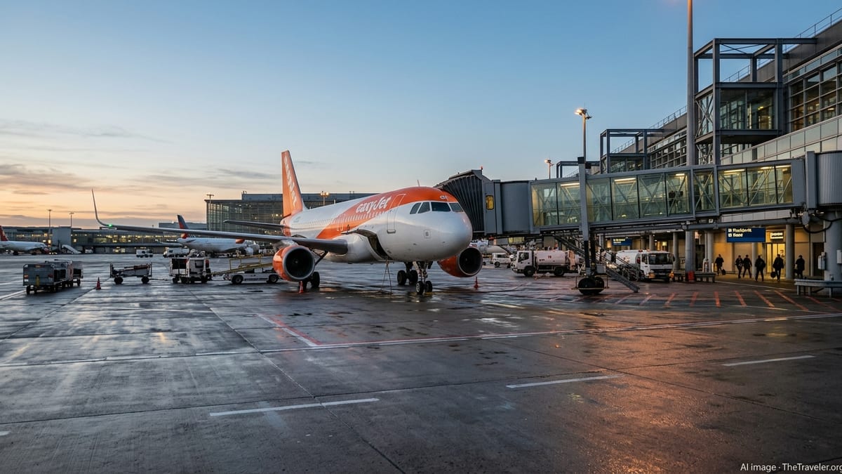 easyJet Airbus parked at Paris Charles de Gaulle gate at dawn on a wet tarmac.