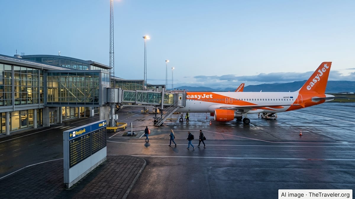 easyJet aircraft at Keflavik Airport gate at dusk with terminal and passengers visible