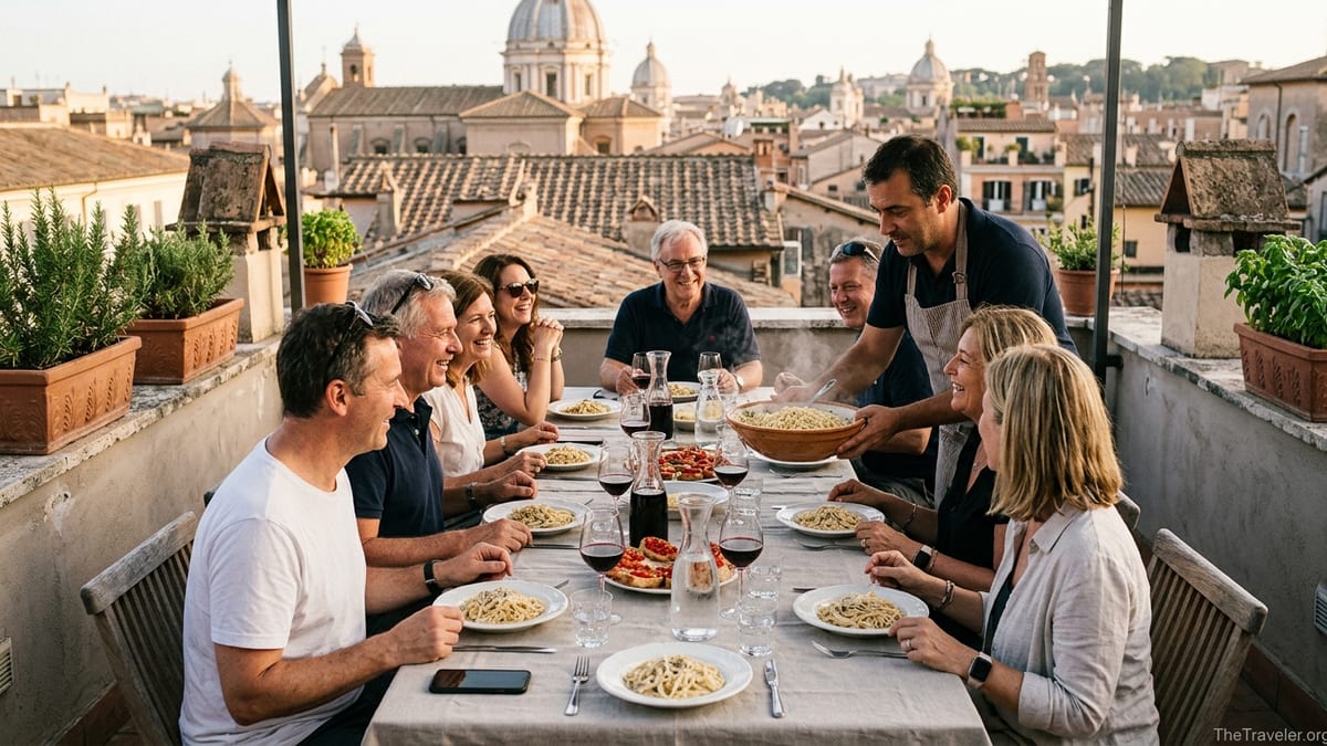 Travelers share a home-cooked dinner with locals on a rooftop terrace in Rome at sunset.