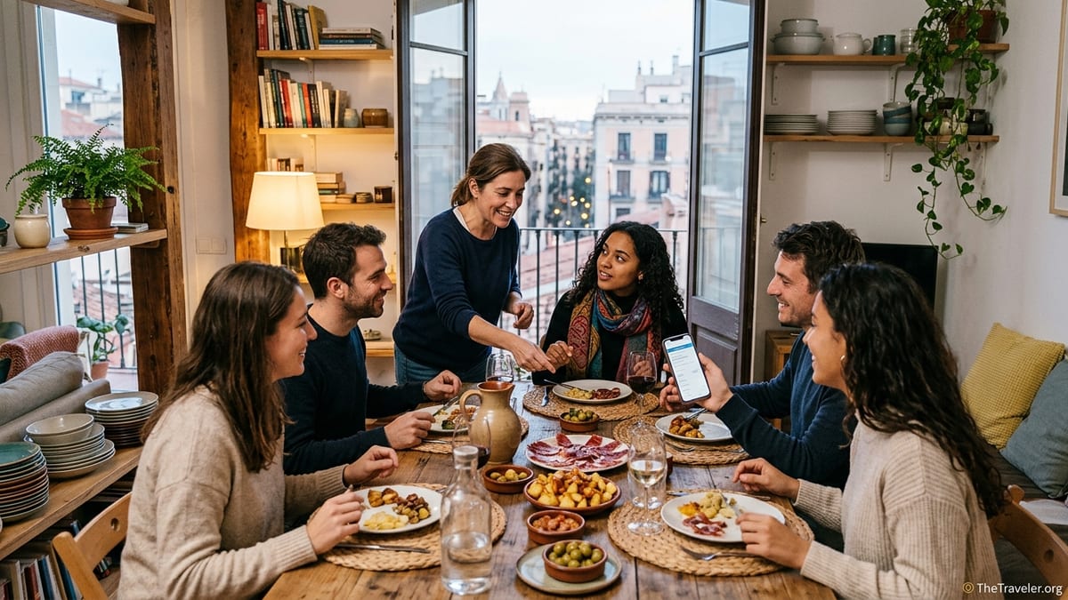 Travelers share a home-hosted dinner with a local chef in a European apartment at sunset.