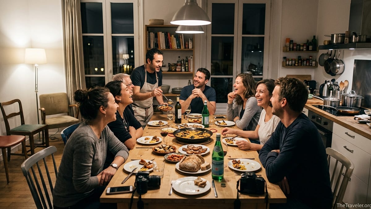 Travelers sharing a home-cooked dinner with a local host around a cozy apartment table.