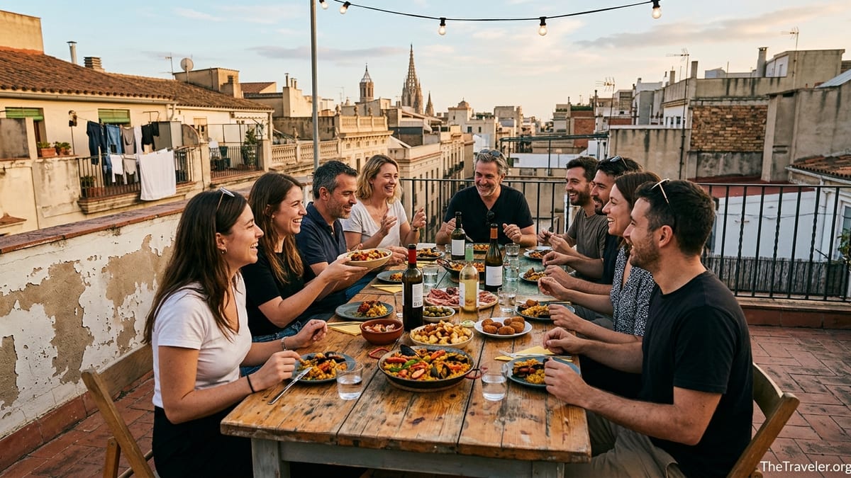 Travelers share a home-cooked rooftop dinner with a local host in Barcelona at sunset.