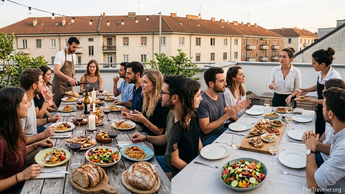 Travelers and locals sharing a communal rooftop dinner in a city at sunset.