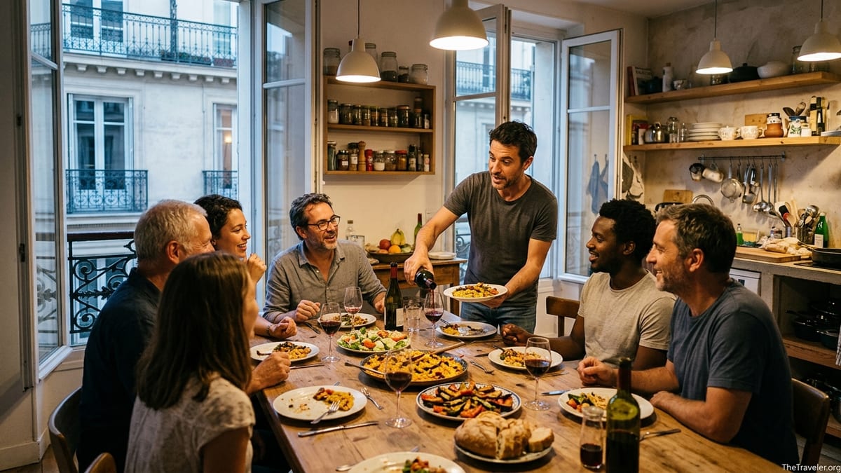 Travelers share a home-cooked meal with a local host in a cozy European apartment.