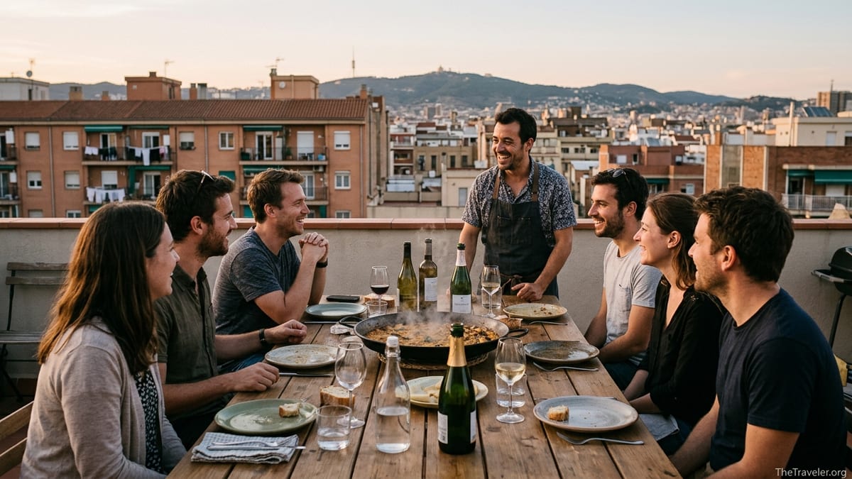 Travelers sharing a rooftop paella dinner with a local host overlooking Barcelona at sunset.