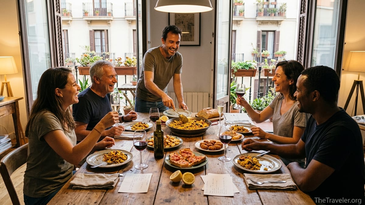 Travelers share a home-cooked dinner with a local host in a Barcelona apartment.