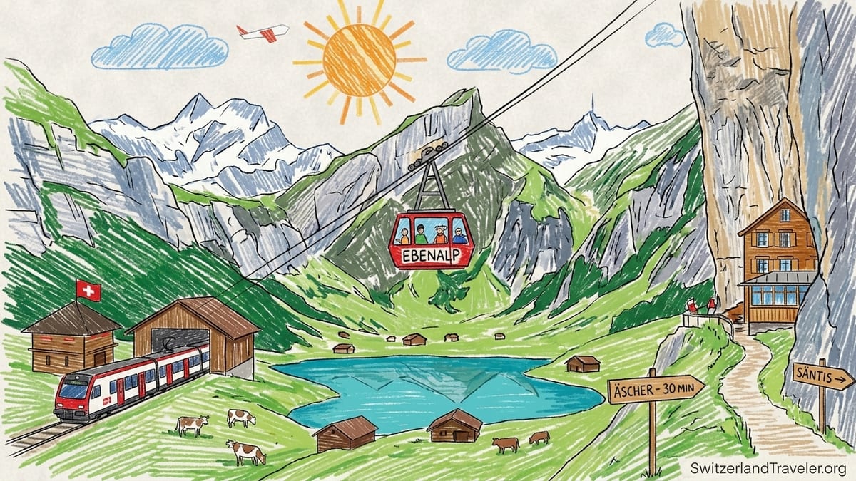 Summer view over Seealpsee toward Ebenalp and the Äscher inn in the Swiss Alpstein mountains.