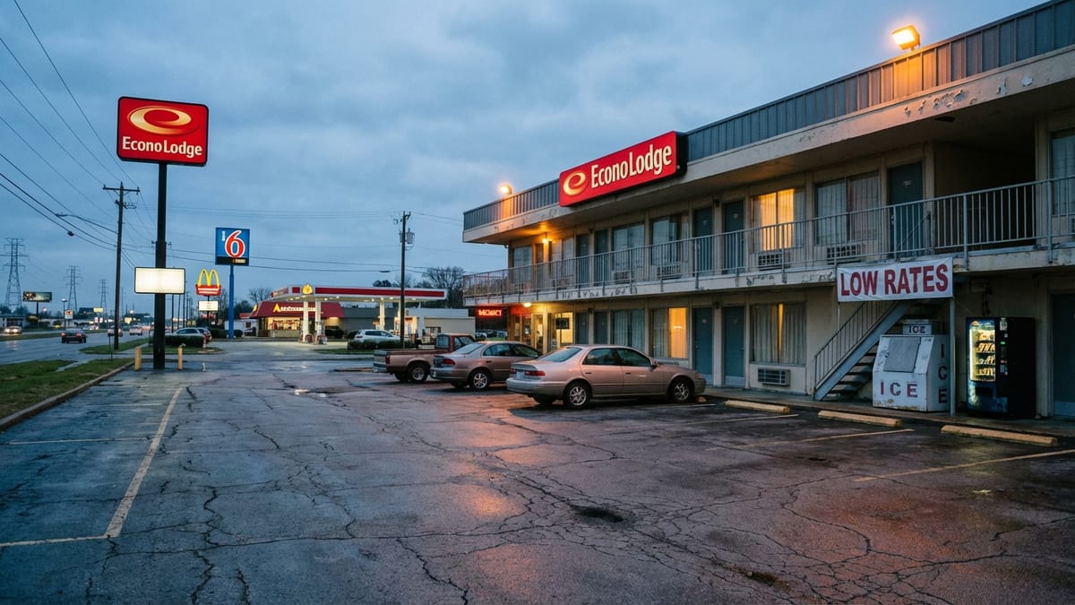 Early evening view of an Econo Lodge motel exterior on a U.S. highway. 