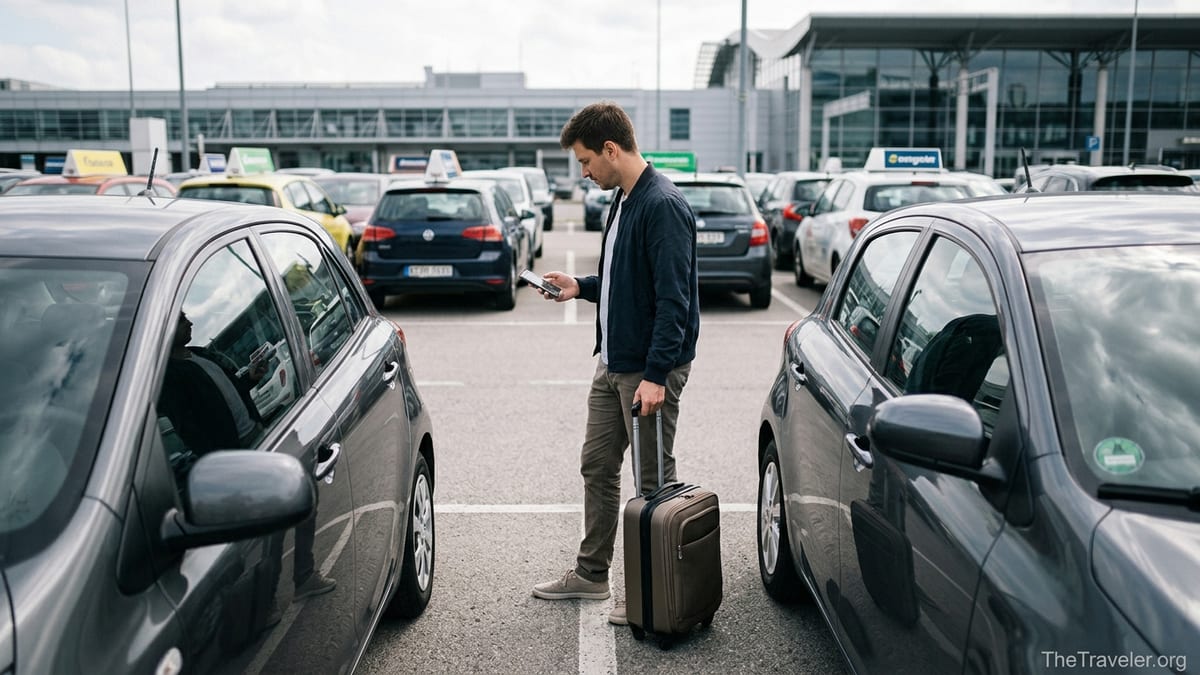 Traveler comparing car rental deals on a phone in an airport parking lot
