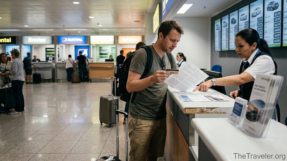 Traveler at an airport car rental counter surprised by extra fees on a contract