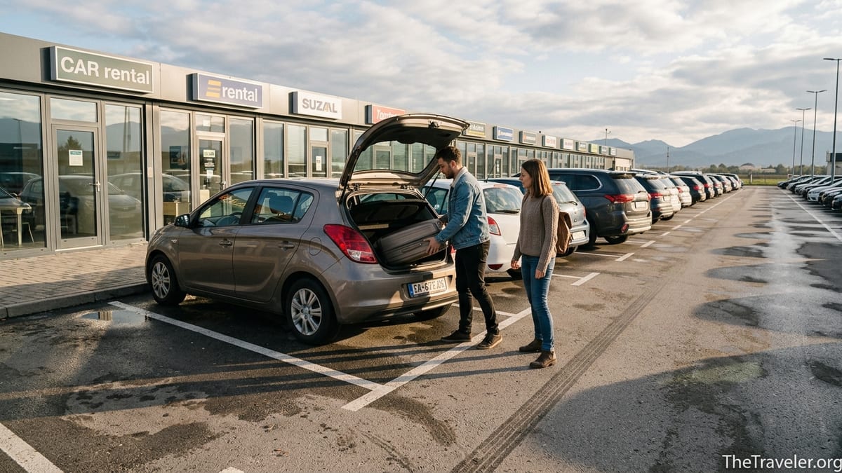 Travelers load luggage into a rental car at an airport lot before an international road trip.