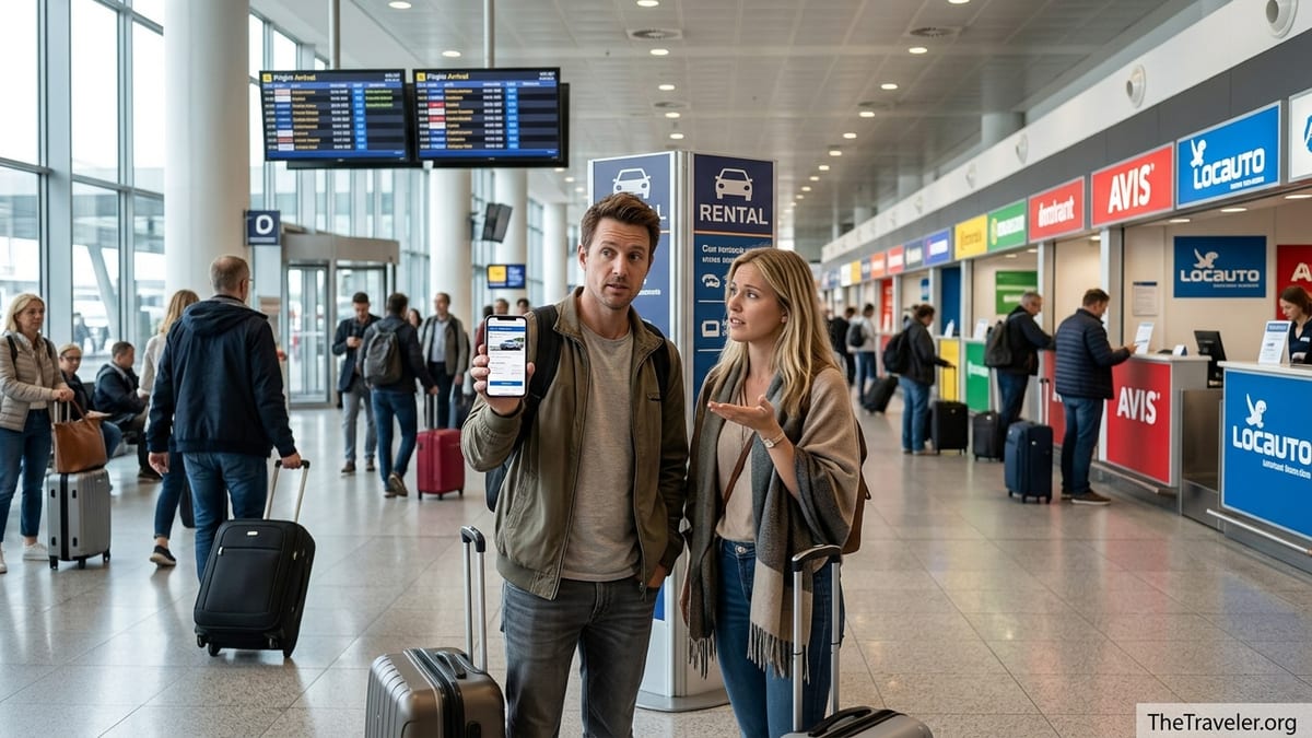 Travelers compare car rental options at airport desks, debating which company to book.